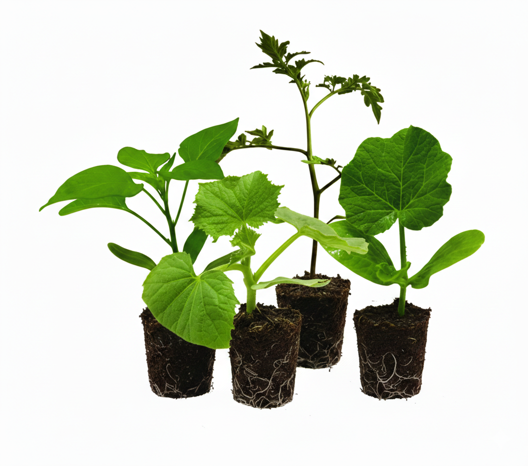 Drie tomatenplanten in potten met groene bladeren en rood/groene vruchten tegen een witte achtergrond.