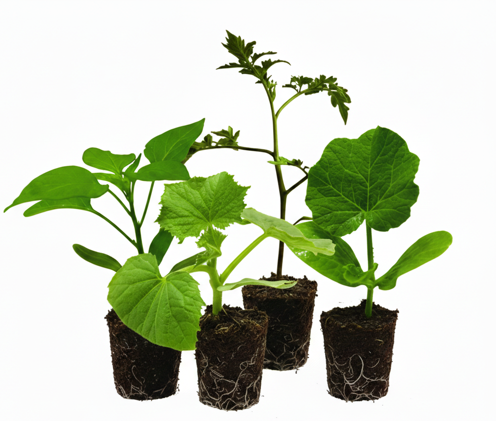 jonge moestuinplantjes in kleine potjes, klaar om te worden uitgeplant.