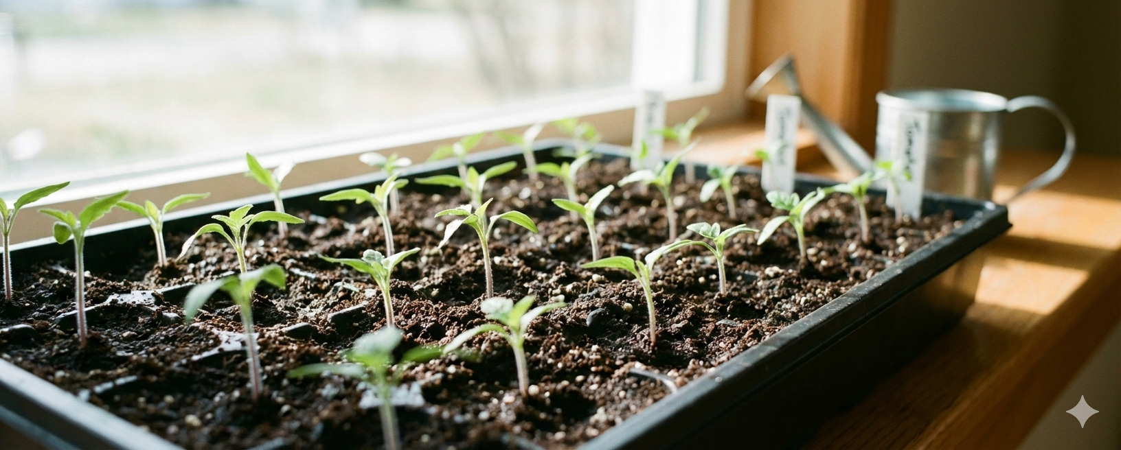 Kleine tomatenplantjes die in donkere grond groeien.