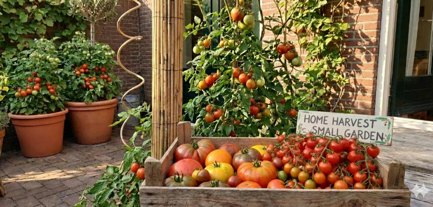 Rijpe tomaten aan de plant, die van groen naar rood verkleuren, met groene bladeren en een houten paal op de achtergrond.