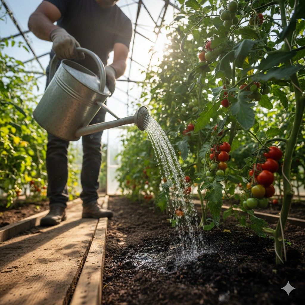 Vrouw plant tomatenplanten in een moestuin, kas en huis op de achtergrond.