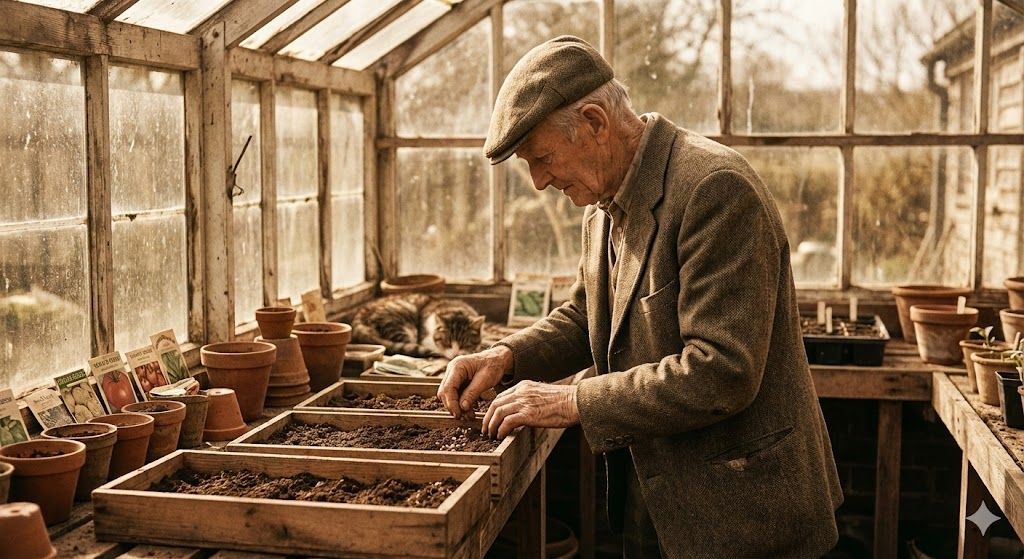 Handen die een tomatenplantje in donkere aarde planten, buiten.