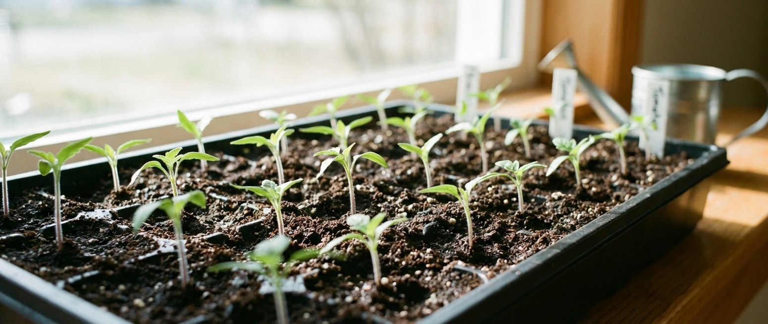 Een hand die een langwerpige, groene en rode tomaat aan de tros vasthoudt.
