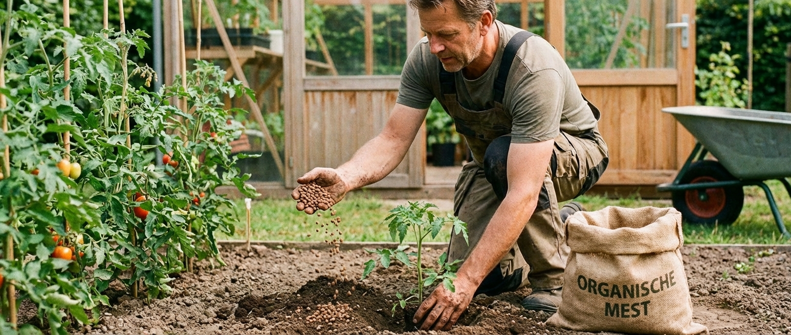 Een hand houdt een schep vol donkere, dampende compost vast in een moestuin.