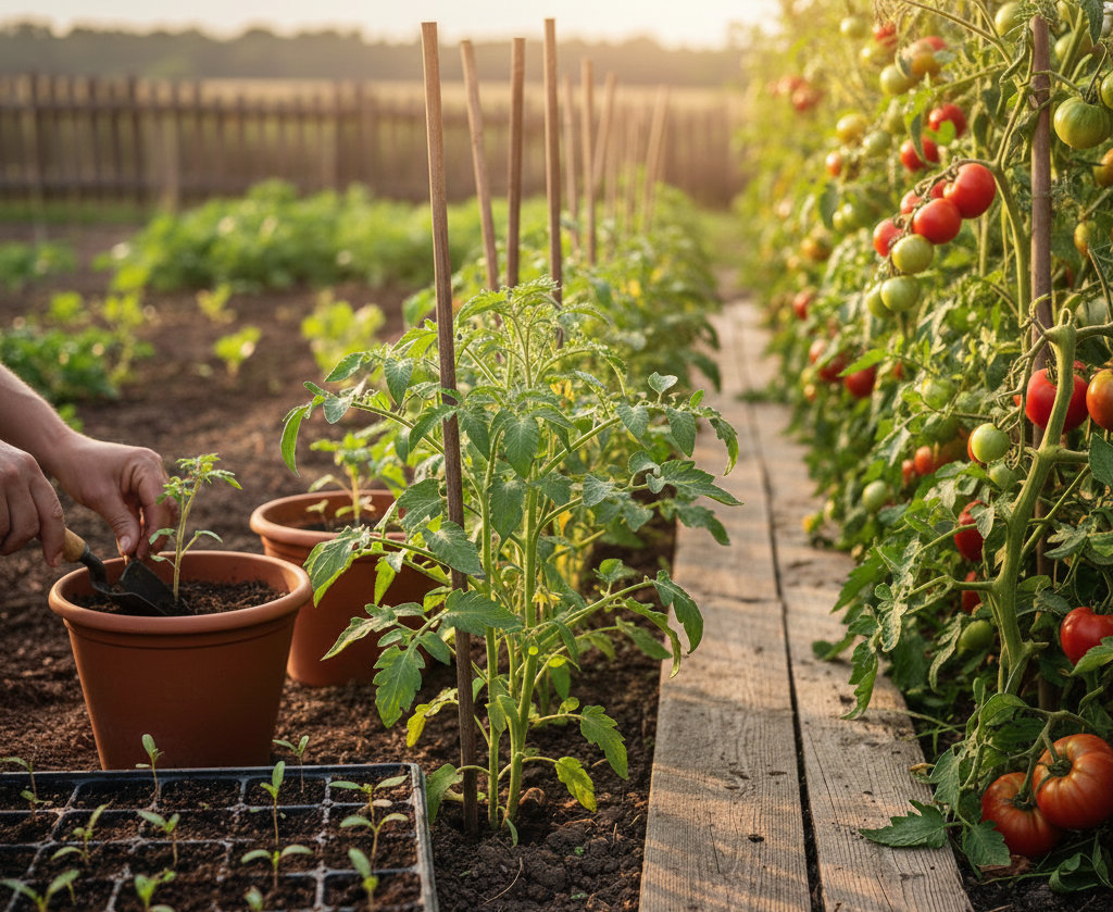 Een jong kind lacht terwijl het een potplant vasthoudt in de buitenlucht, vlakbij een beeld en ander groen.