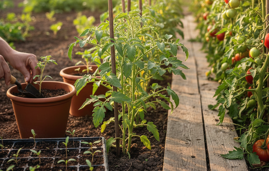 Iemand plant een zaailing in een pot, terwijl tomatenplanten langs een houten pad in een kas groeien.