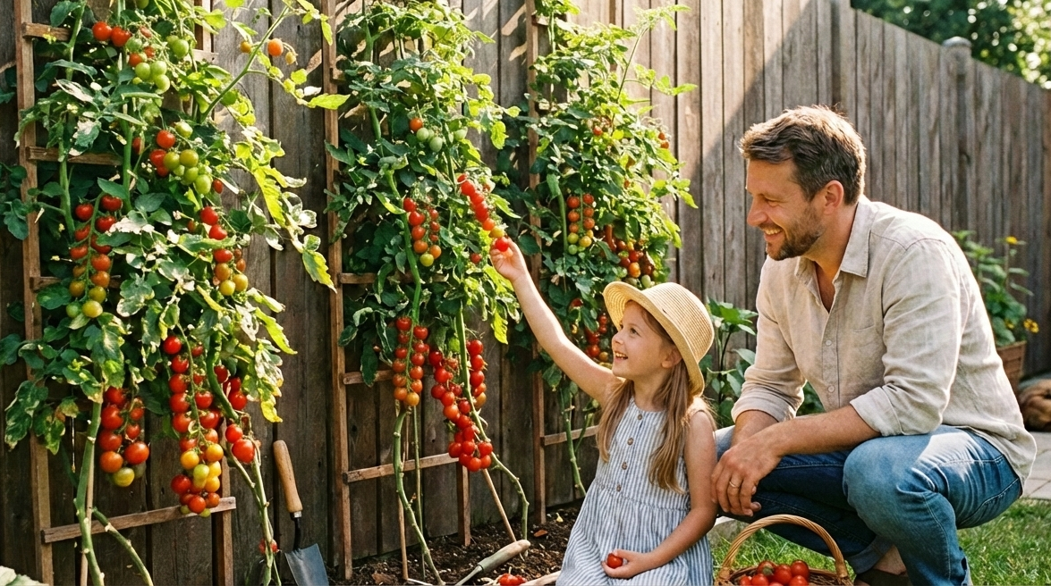 Een man en een kind plukken tomaten van een klimrek in een kleine tuin.