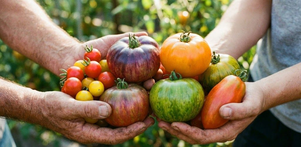 Tomaten rijpen aan de plant, waarbij ze van groen naar oranje en rood verkleuren, ondersteund door een houten stok.