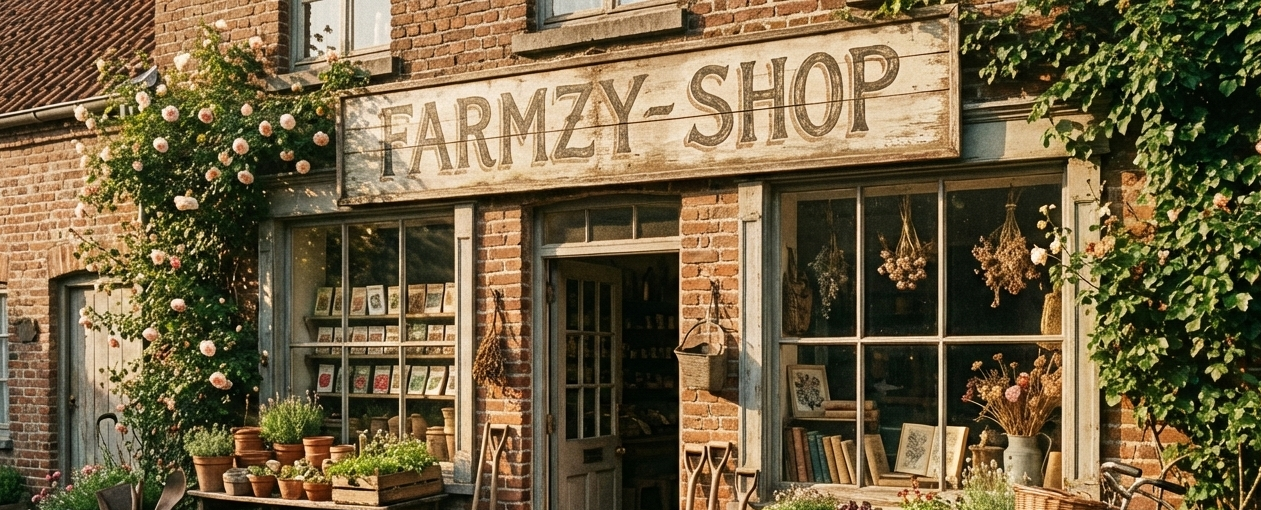 De gevel van Farmzy Shop met een verweerd uithangbord, een bakstenen buitenkant en weelderig groen.