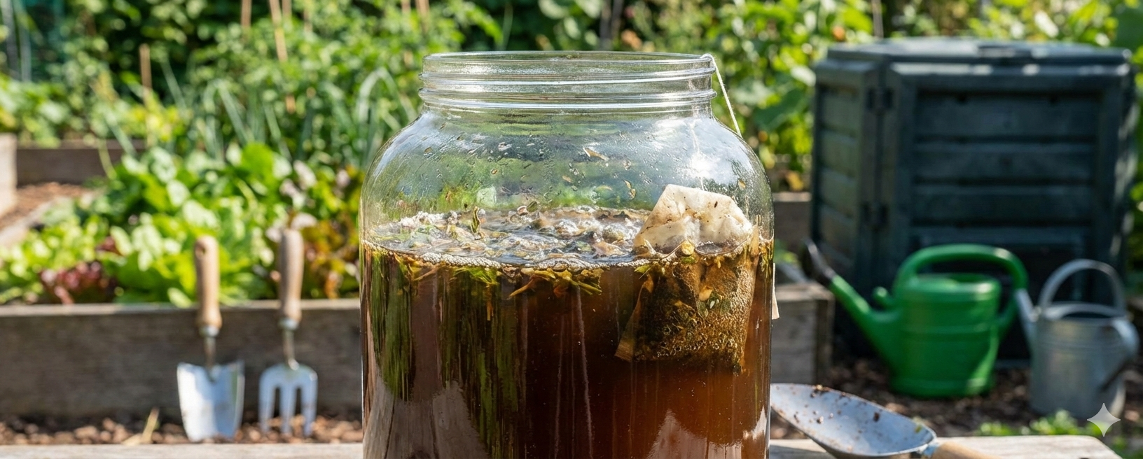 Een grote glazen pot met compostthee, in een moestuin, met tuingereedschap en planten zichtbaar.