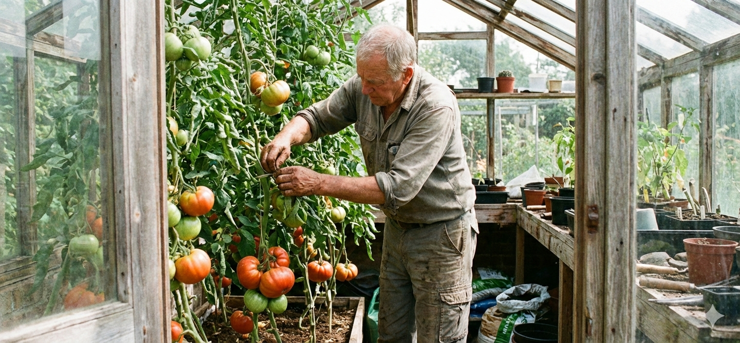 Een man kweekt vleestomaten in een kas en snoeit de tomatenplanten.
