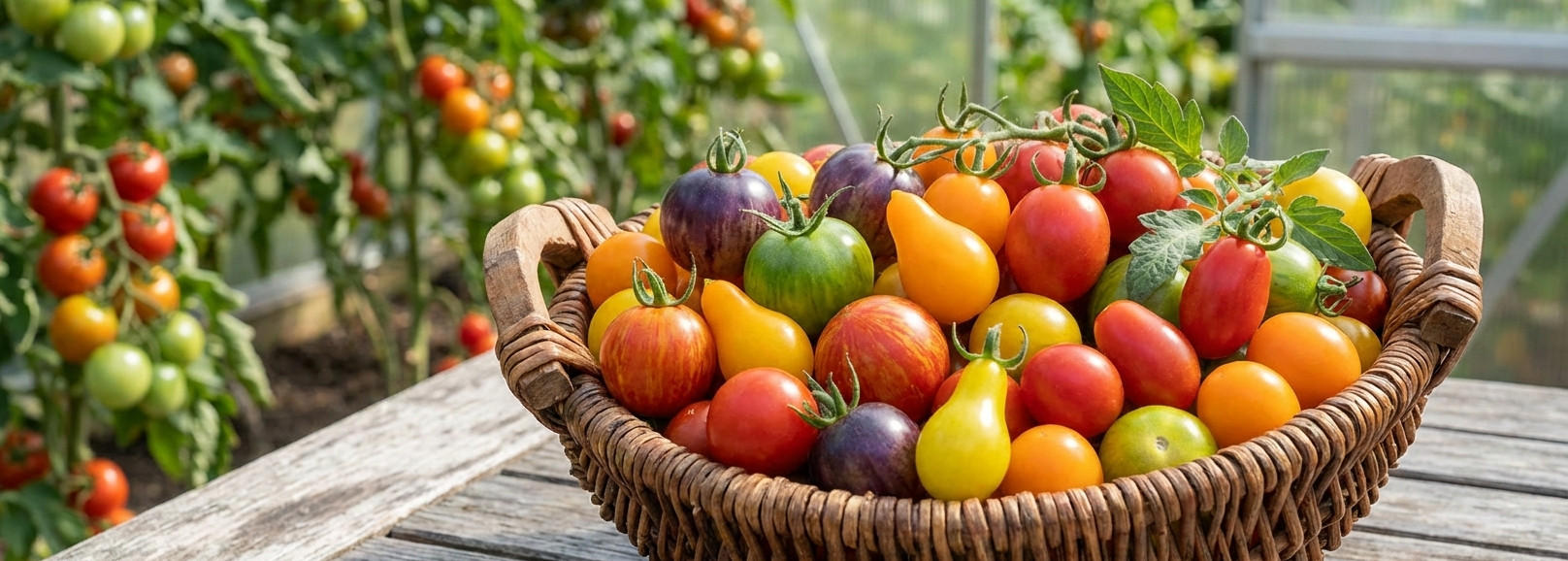 Tomatenplanten in potten met rode, gele en groene vruchten op een houten terras.