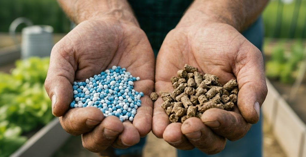 Handen die donkere korrels en witte granulaat vasthouden tegen een grasachtige achtergrond.