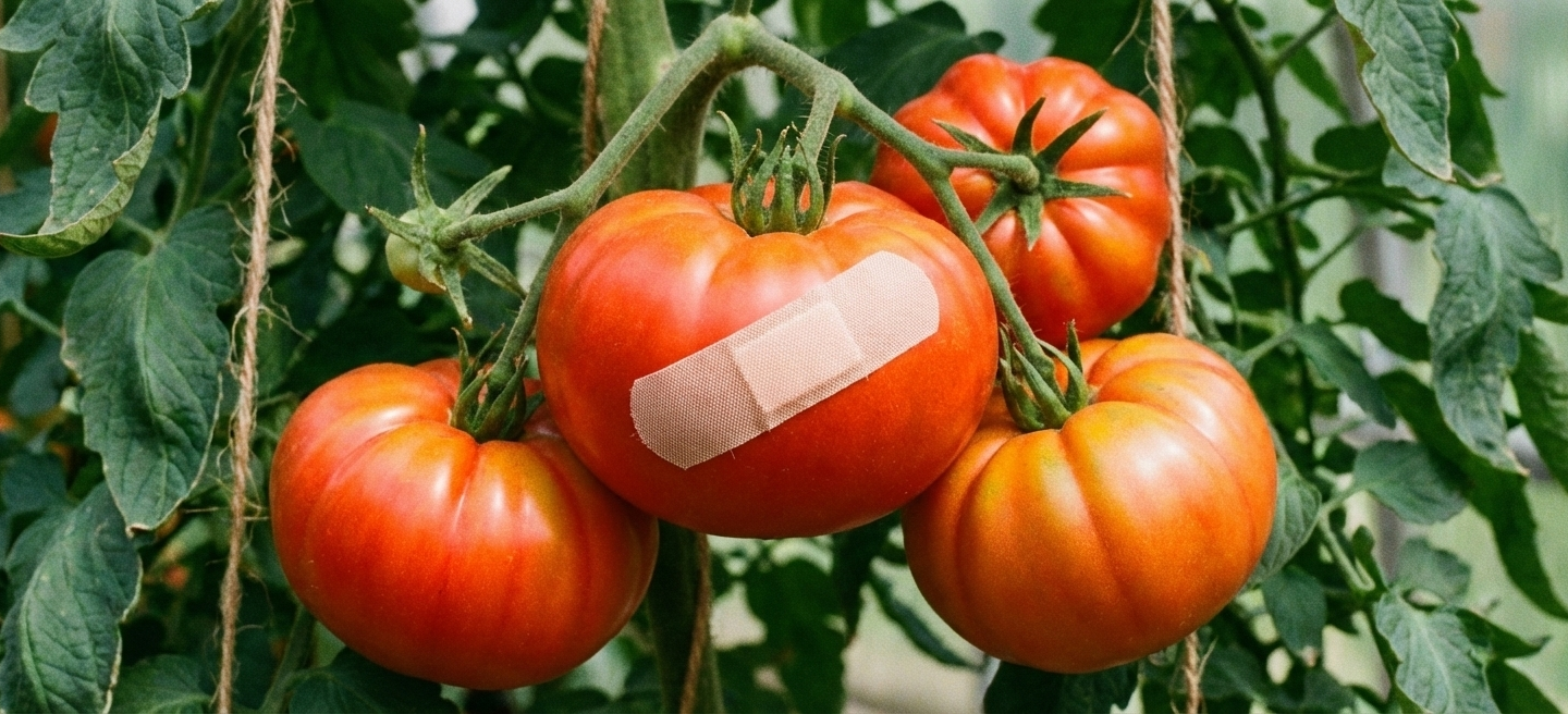 Grote rode tomaat met twee pleisters erop, nog aan de plant in een kas.