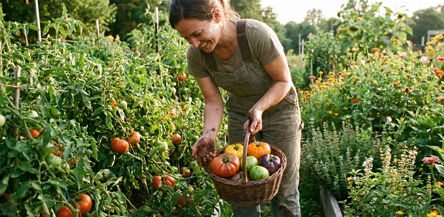 Schopblad in de aarde, close-up, buiten. Handvat zichtbaar, aarde scherp in beeld, groene spruiten.