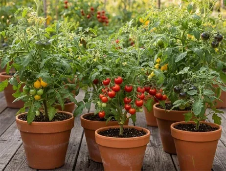 Tomatenplanten in terracotta potten op een houten terras, met rijpe, rode, gele en zwarte tomaten.