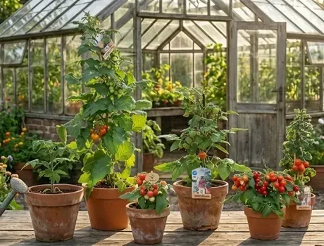 Compacte tomatenrassen in potten met rijpe rode vruchten op een houten tafel in een zonnige kas.