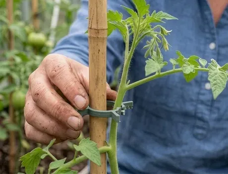 Een tomatenplant wordt met een plantenclip opgebonden aan een bamboestok in een moestuin.