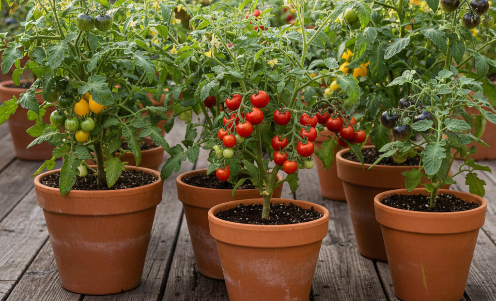 Tomatenplanten kweken in potten met rode, gele en groene tomaten op een houten terras.