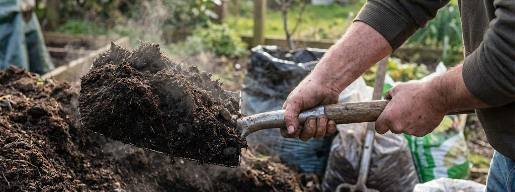 Schopblad in de aarde, close-up, buiten. Handvat zichtbaar, aarde scherp in beeld, groene spruiten.