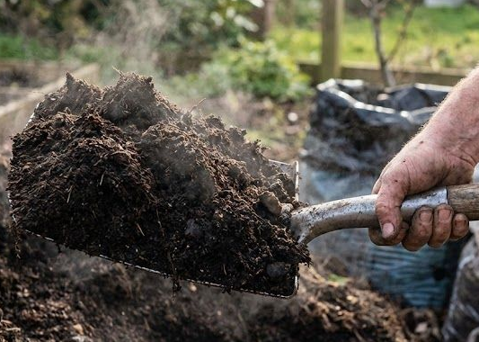 Schep de donkere aarde in de grond, klaar om te tuinieren.