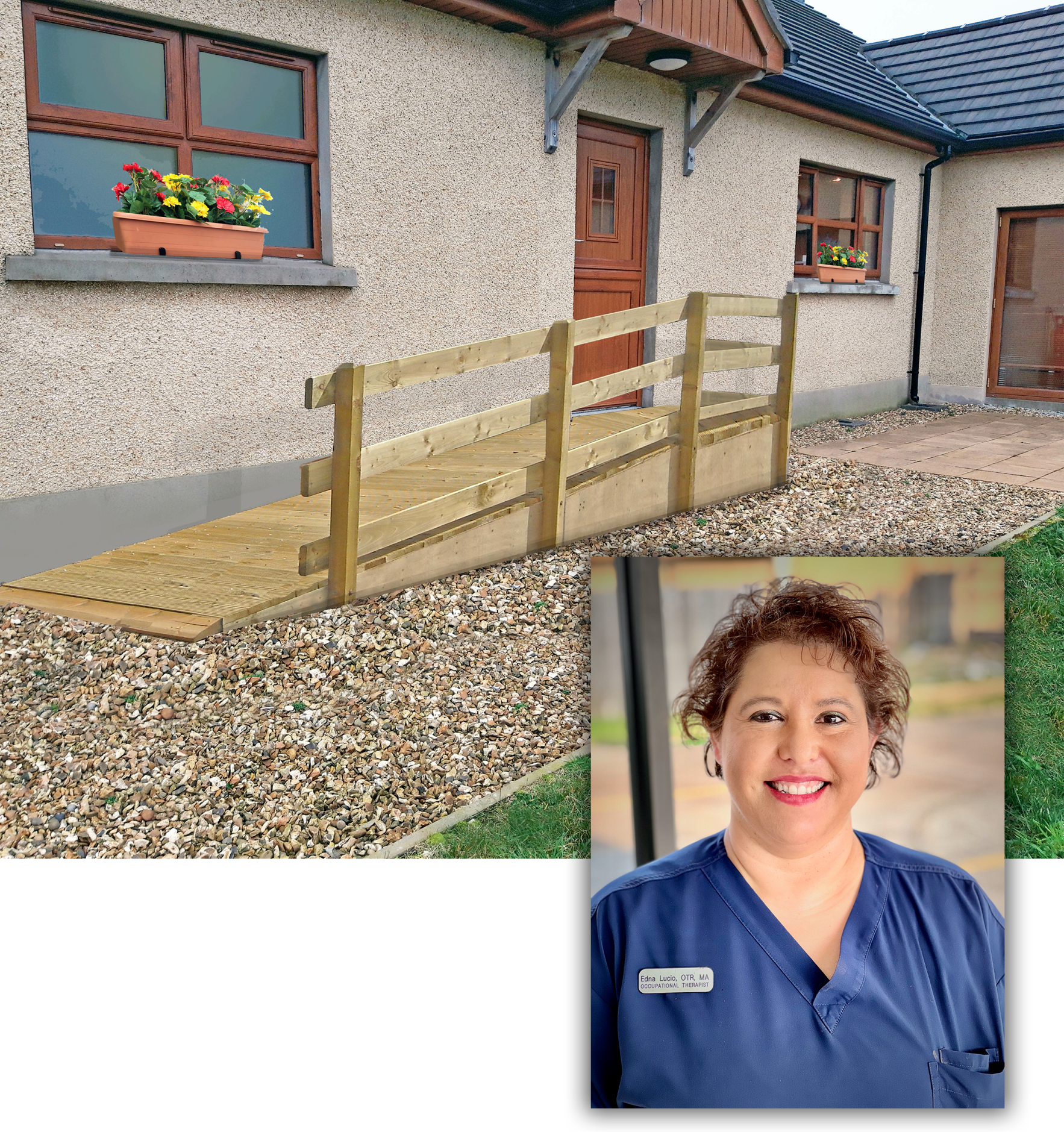 photo of a well built wheelchair ramp and member of the company Edna Lucio