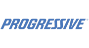 the logo for progressive is blue and white on a white background .