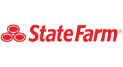 the state farm logo is red and white on a white background .