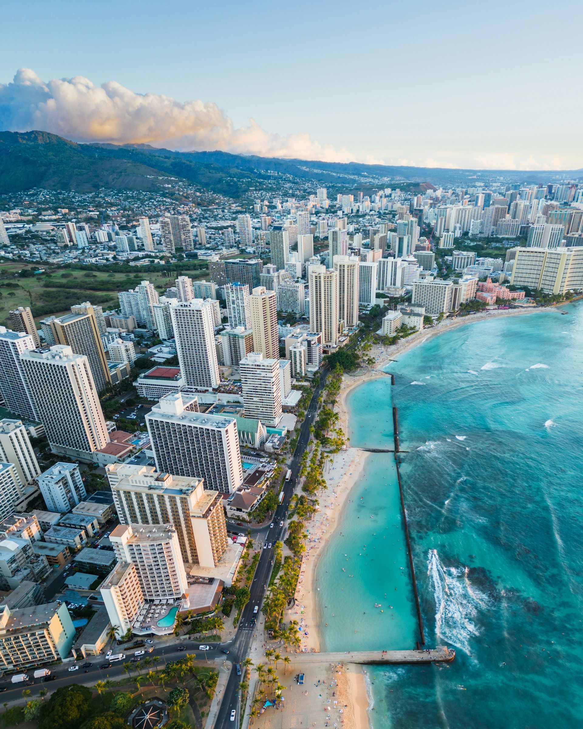 Aerial view of Waikiki Beach in Honolulu, Hawaii.