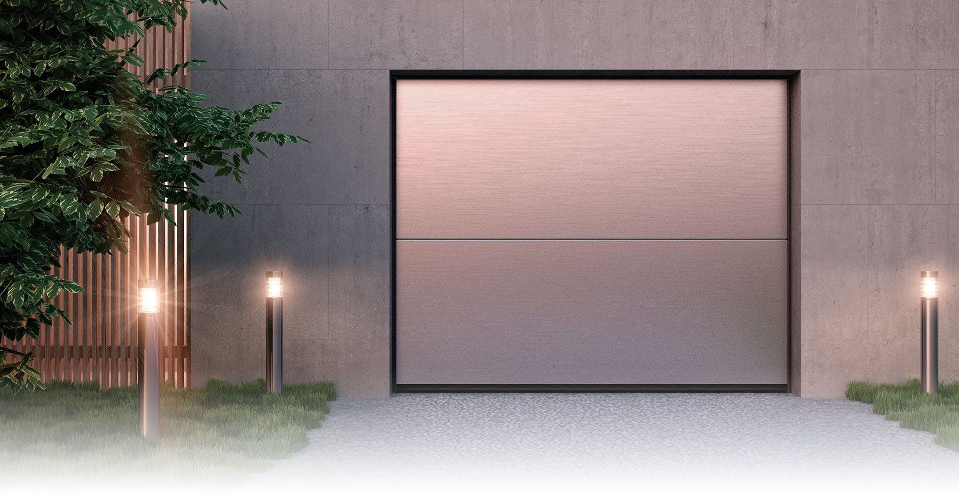 Una porta di garage è aperta davanti a un edificio di cemento.