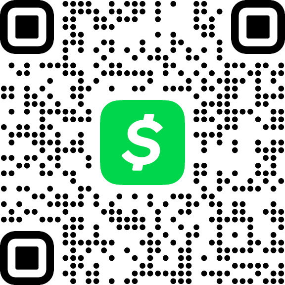 Cash App QR code with a green icon featuring a white dollar sign in the center, set against a black-and-white grid pattern.