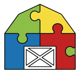 A colorful barn icon composed of four puzzle pieces in green, yellow, blue, and red with a white door outline.