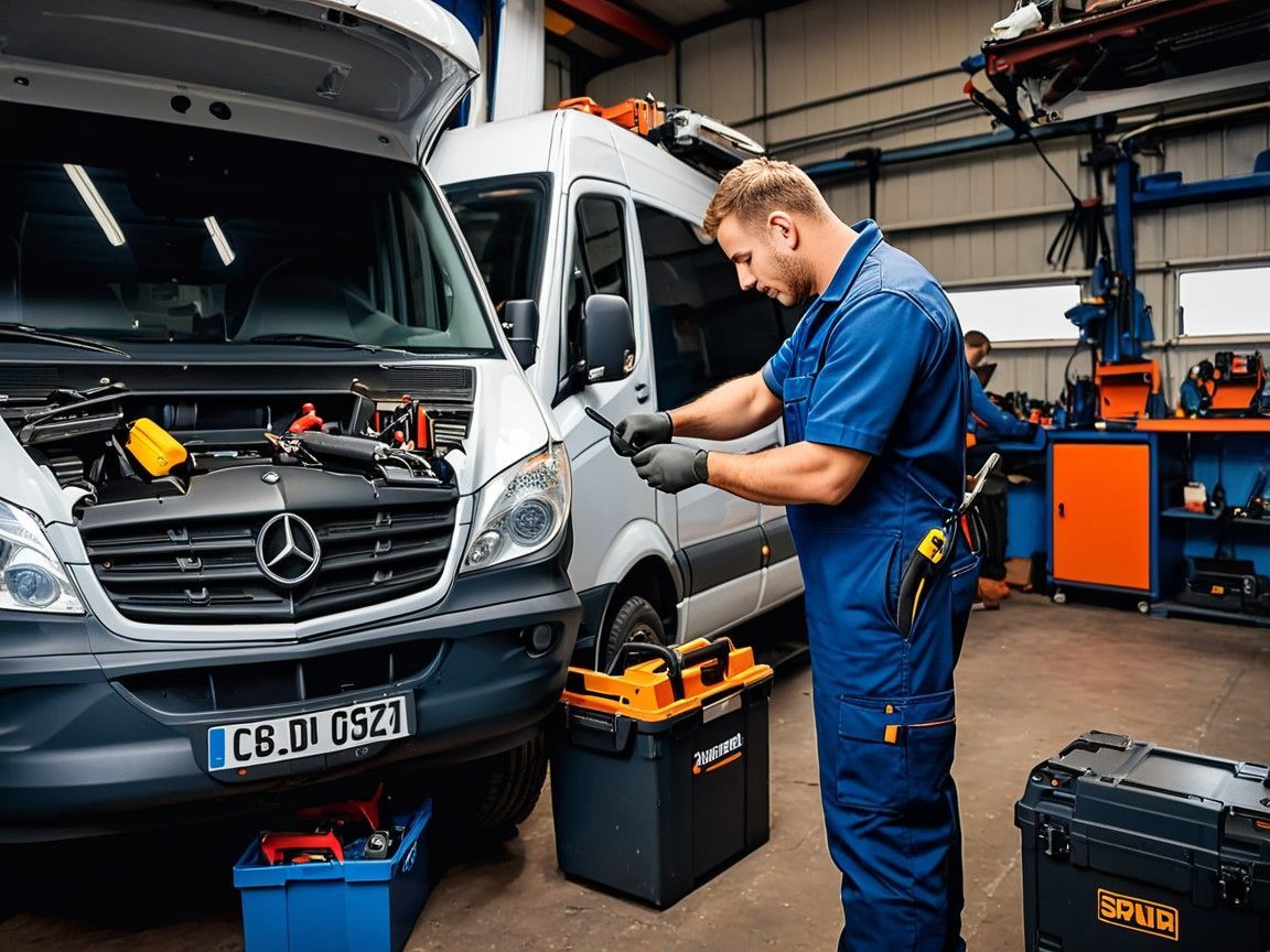 A certified mechanic in blue overalls performs Sprinter Van Repair in Denver.