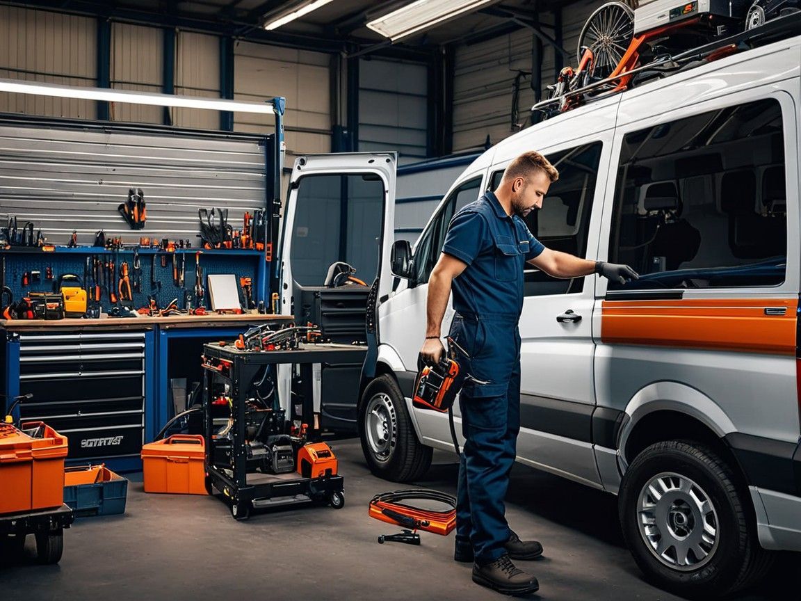 A certified mechanic performs Sprinter Van Repair in Boulder, CO, working diligently in a garage.