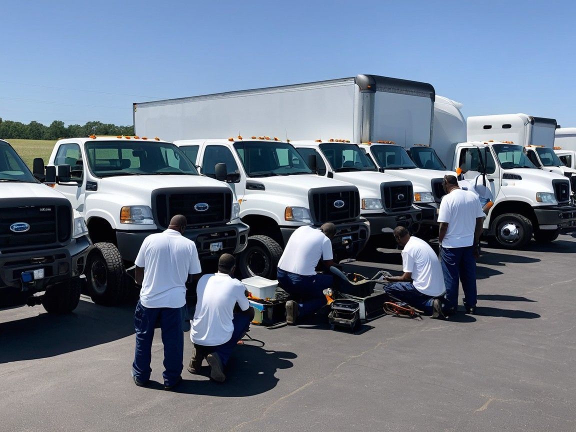 A group of expert mechanics at Denver Truck Fleet Service working on truck repairs together