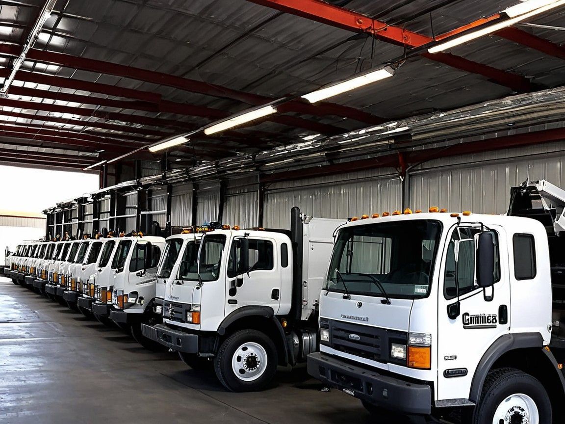 A row of garbage trucks at Commerce City Truck Fleet Services, showcasing expert certified repair mechanics.