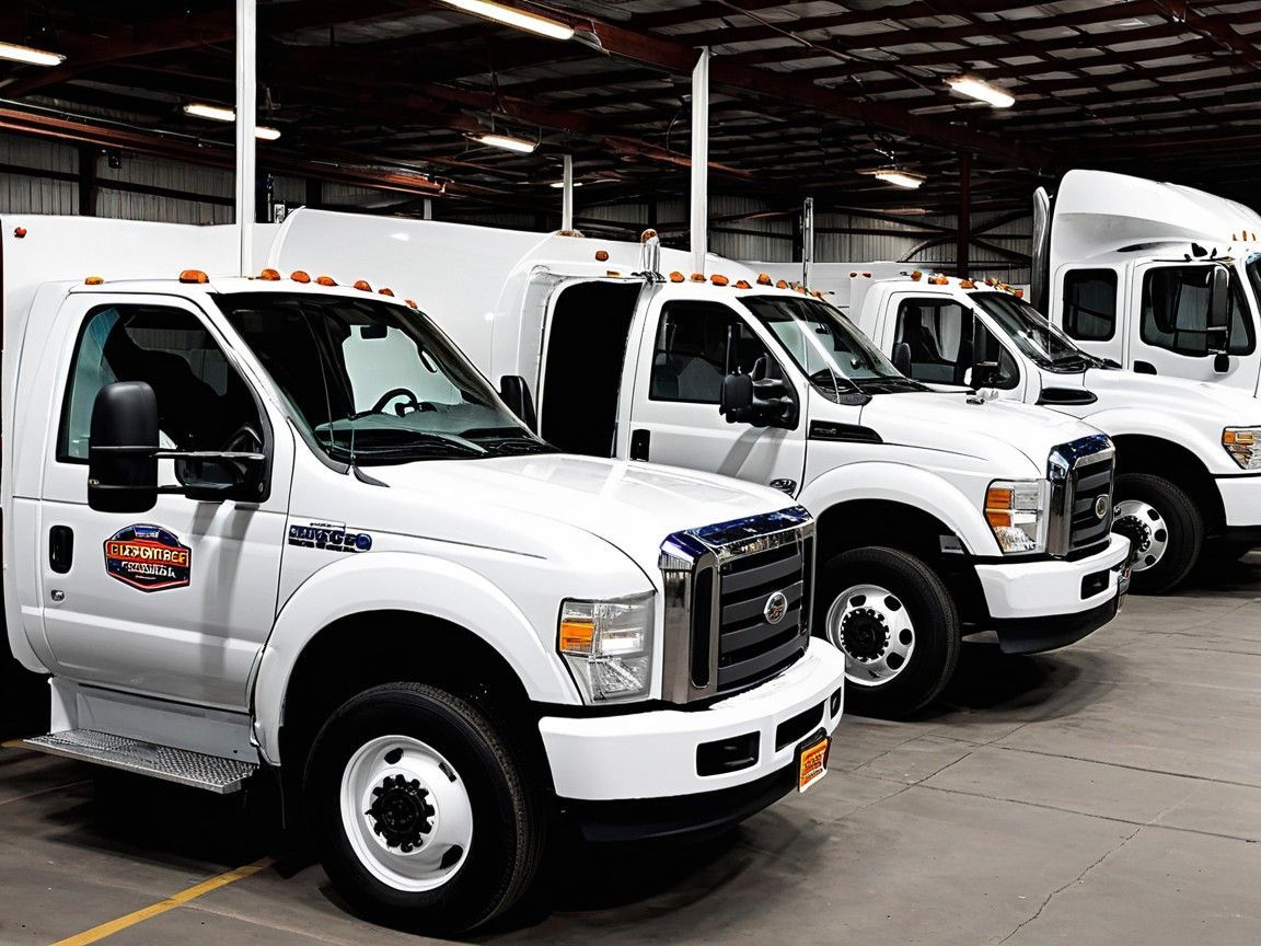 A row of white trucks at Commerce City Truck Fleet Services, showcasing expert certified repair mechanics.