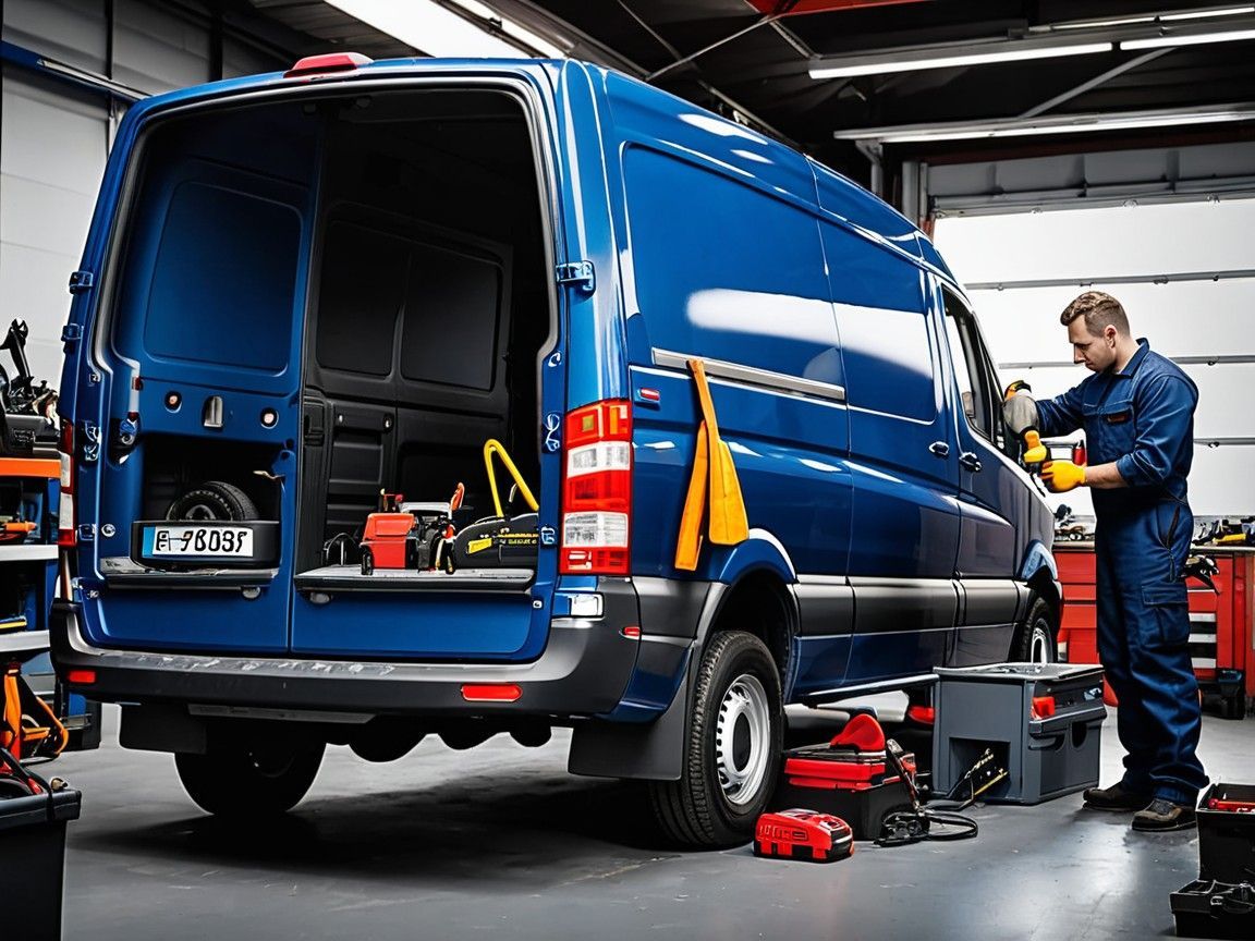 Certified mechanic working on a Sprinter Van Repair in Boulder, CO, in a spacious garage.