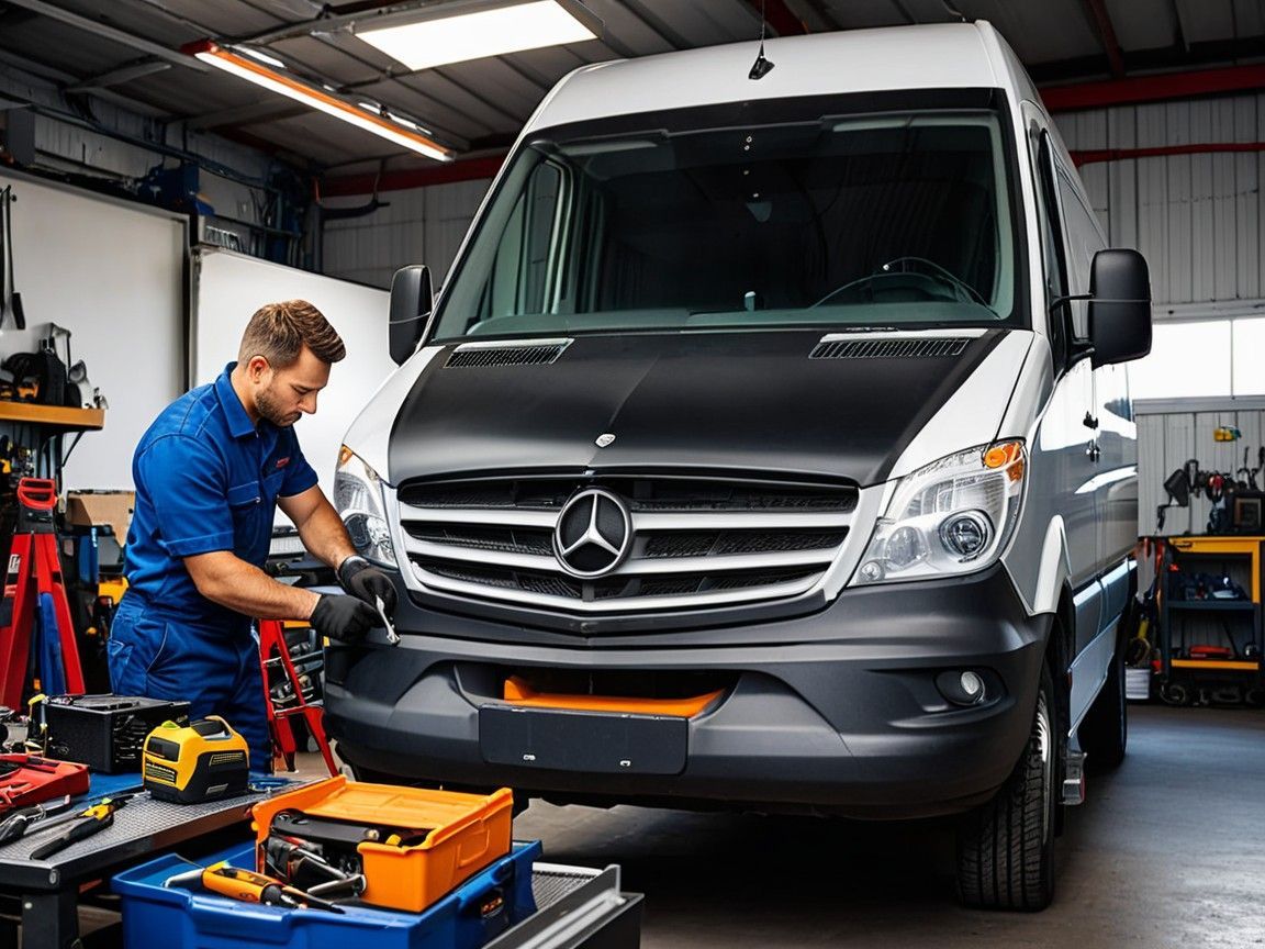 Expert mechanic performing Sprinter Van Repair in Denver inside a garage. Certified and skilled in van maintenance.