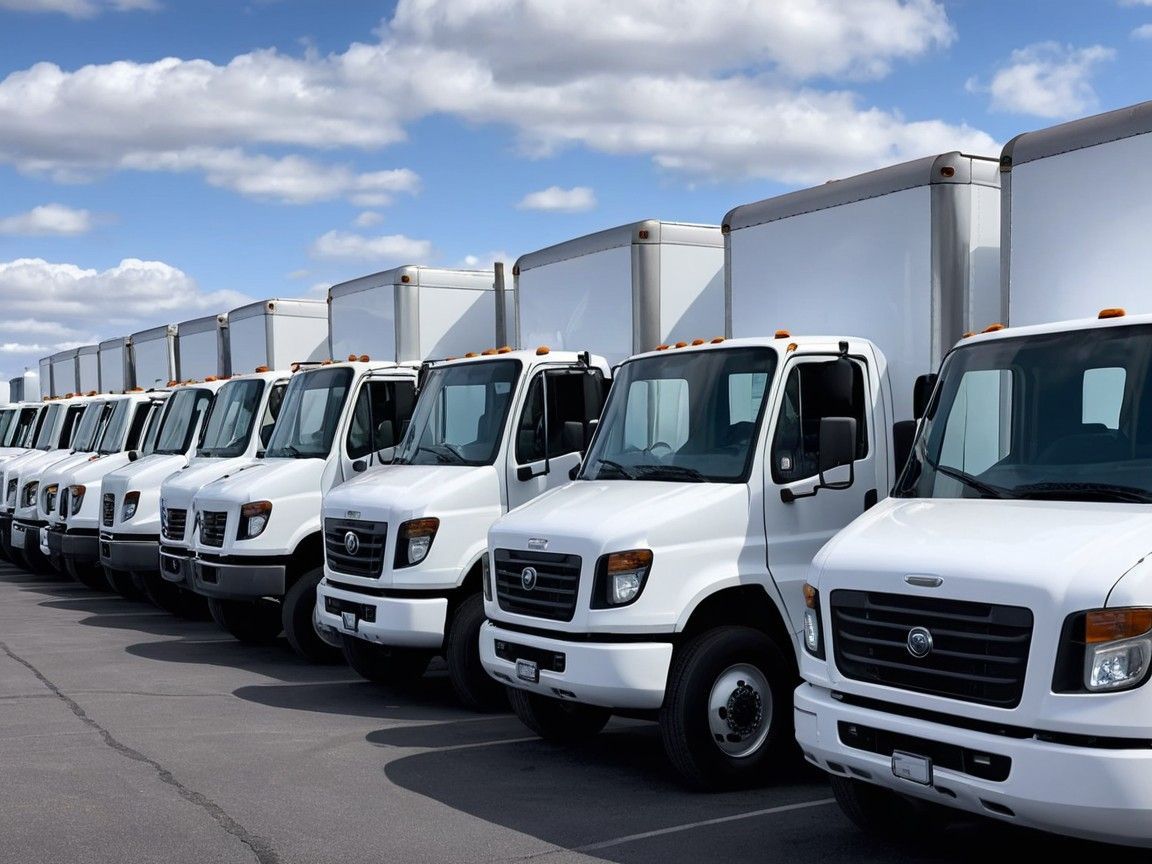 Fleet Truck Repair in Boulder, CO, expert certified mechanics servicing a row of white trucks in the parking lot.