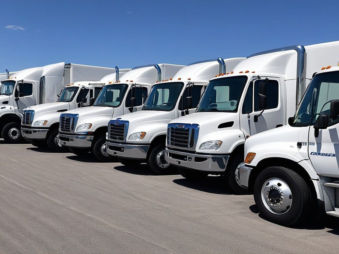 Fleet Truck Repair in Denver, CO Expert mechanics servicing a row of white semi trucks parked in the lot.