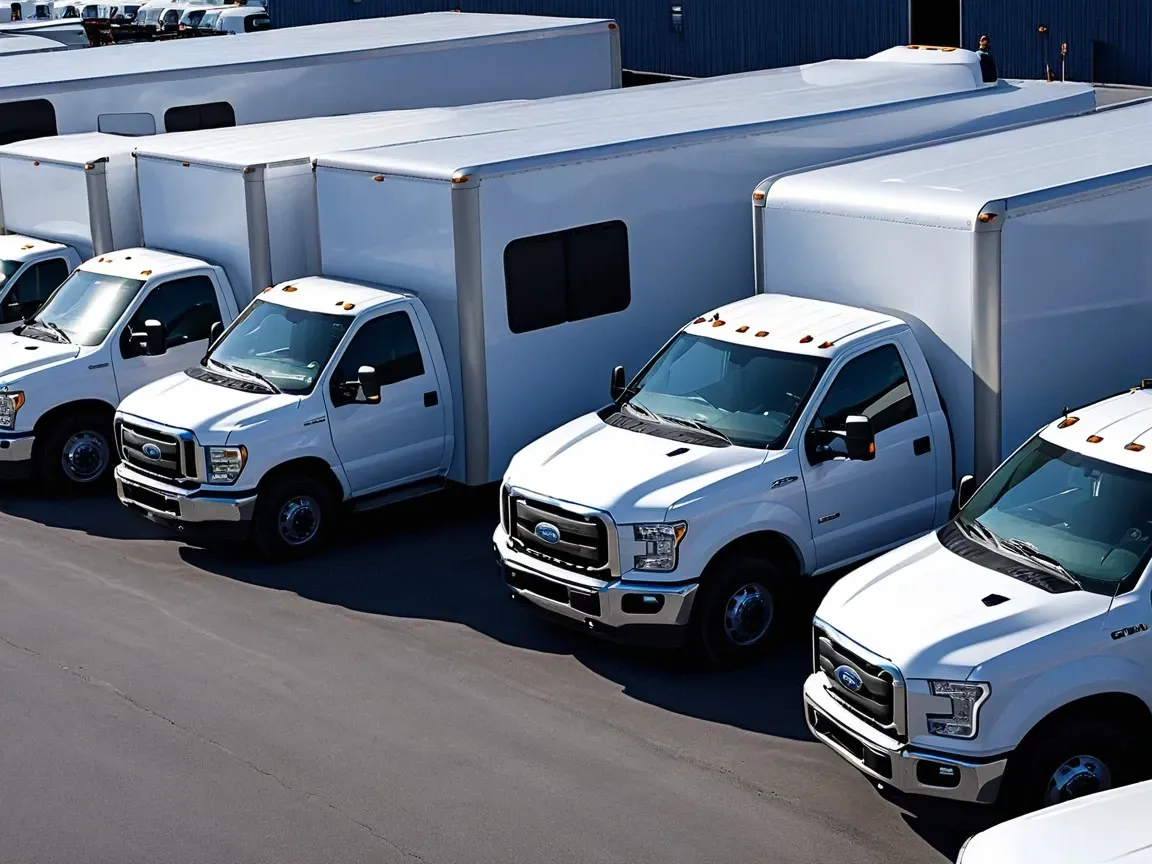Fleet Truck Repair in Denver, CO certified mechanics with expert repair services for white trucks in a parking lot.