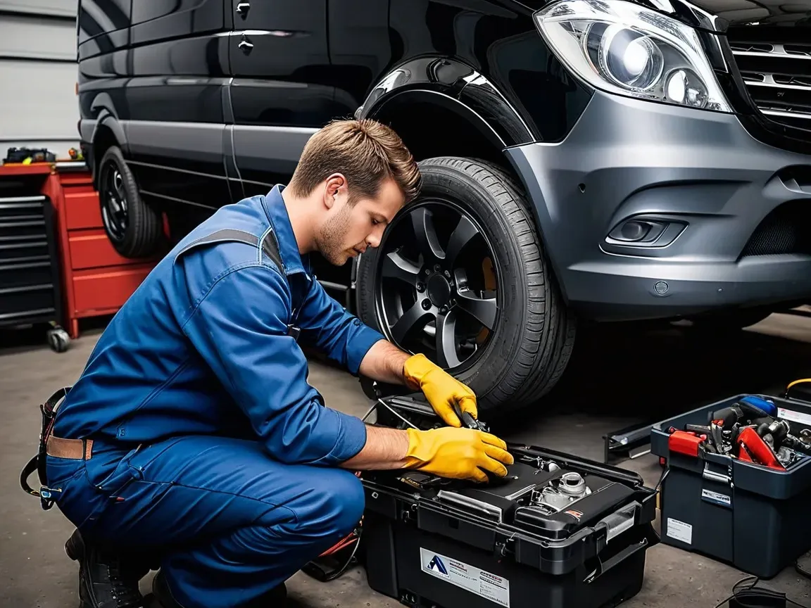 Sprinter Mechanic in Denver, a certified expert repairing a car in blue overalls.