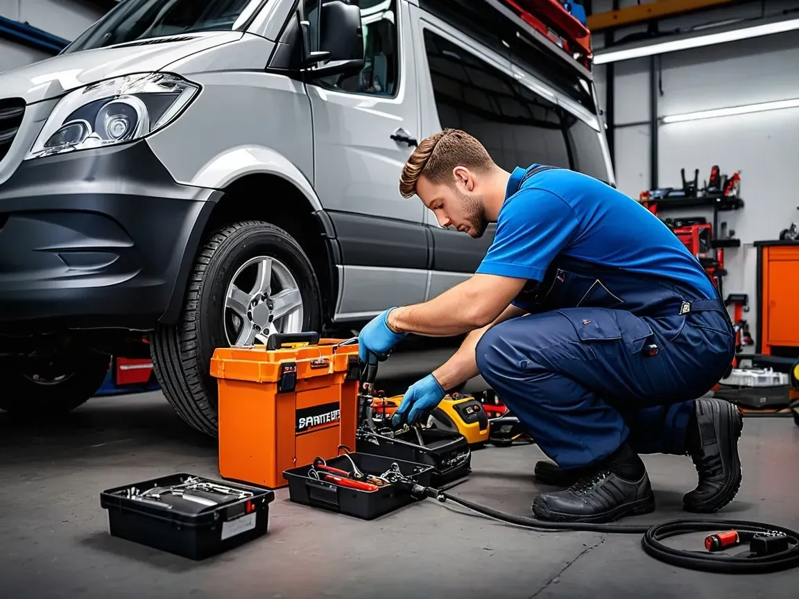 Sprinter Mechanic in Denver stands by a van in a garage, showcasing expert certified repair services.