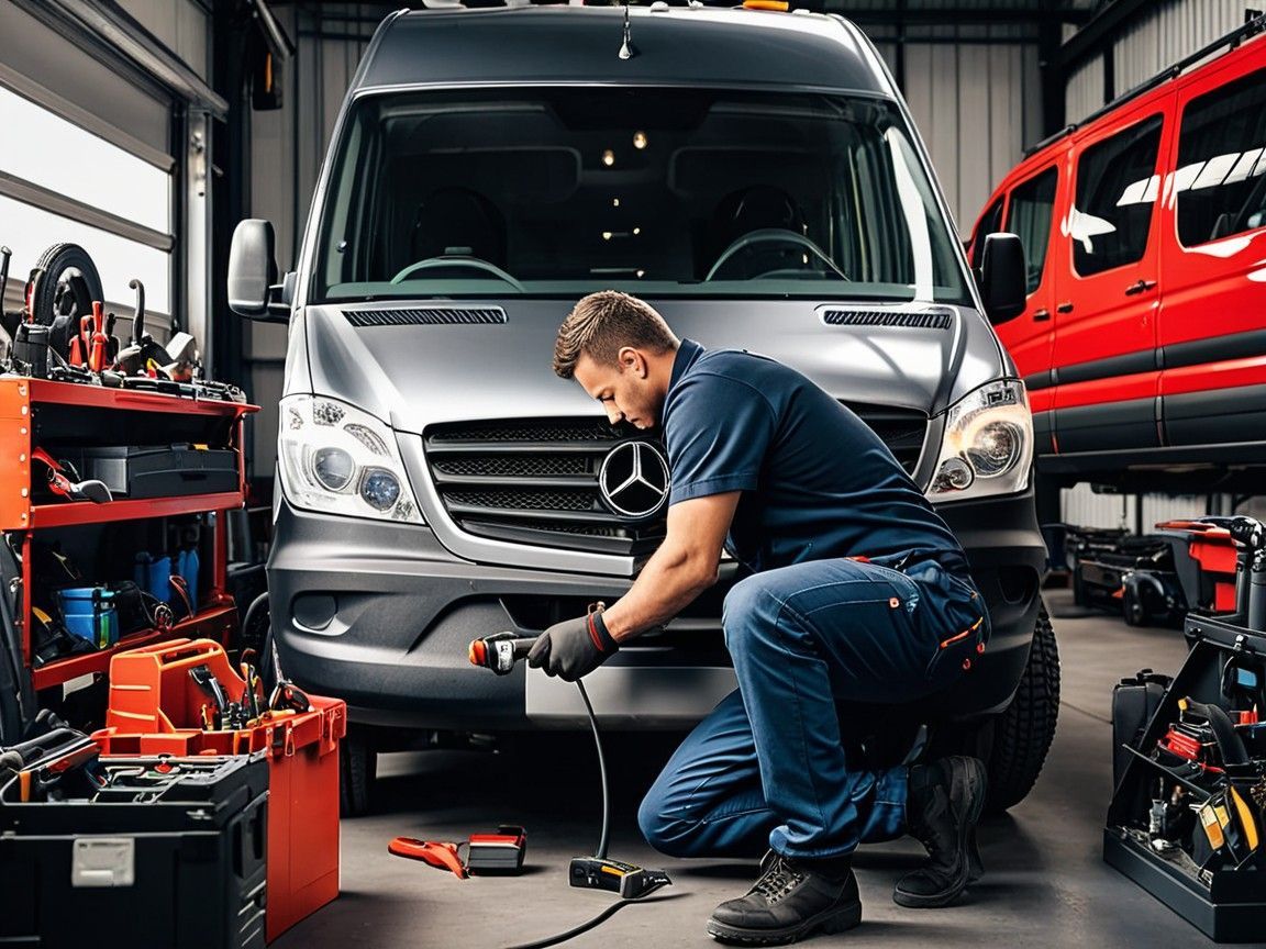 Sprinter mechanic in Golden, CO, expertly repairing a Mercedes van in a garage.
