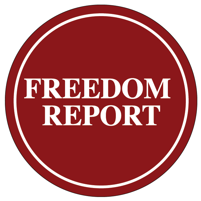 A red circle with the words freedom report on it