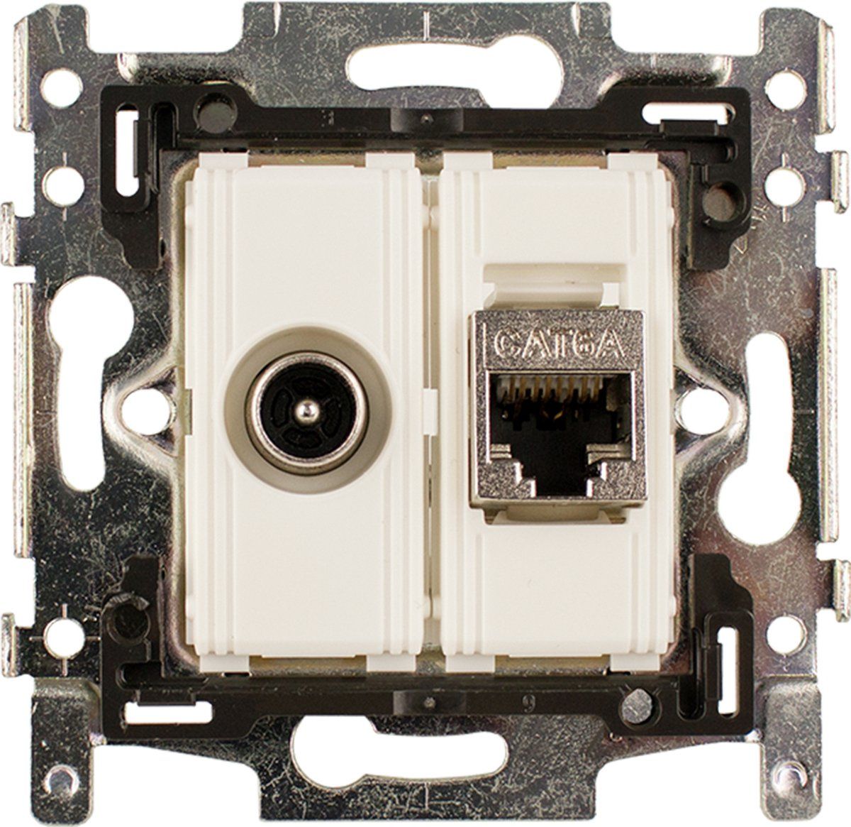 Wit afdekplaatje met een coaxkabelaansluiting en een Ethernetpoort.