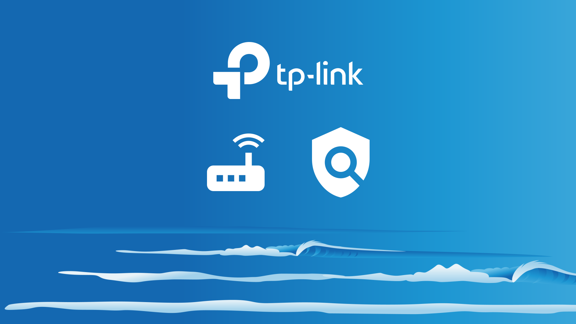 TP-Link-logo met router- en beveiligingspictogrammen op een blauwe achtergrond.