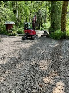 A red mini excavator operates in a gravel clearing surrounded by dense forest trees.
