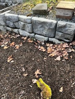 A stone retaining wall sits above a mulch garden bed with fallen leaves and a bright green, moss-covered object in front.